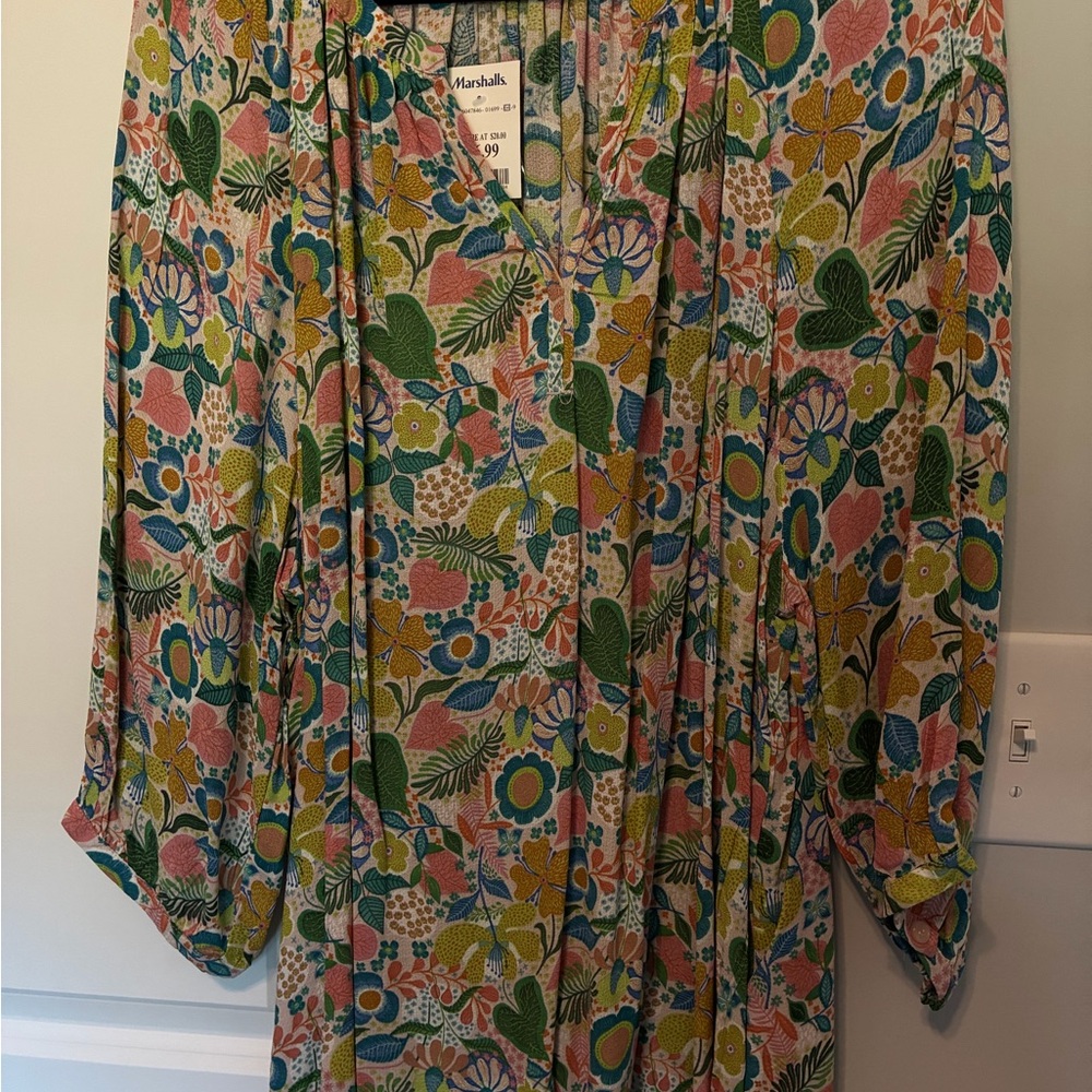 Jones New York Floral Print Blouse in Pink, Green, Blue and Yellow